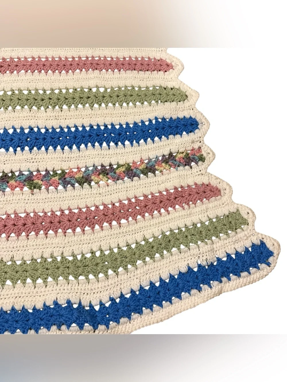 Vintage Crochet Knit Afghan Blanket Handmade Granny Blue Green Pink White 71x55”